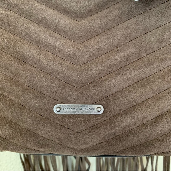 New Rebecca Minkoff Edie Fringe Quilt Suede Crossbody Bag Purse Handbag, Porcini - Picture 8 of 14